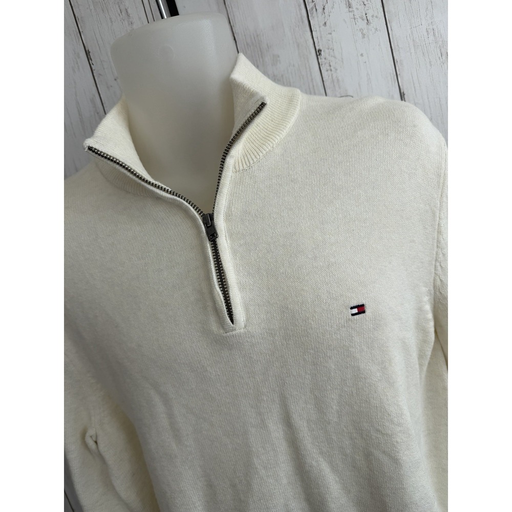 Men's Tommy Hilfiger 1/4 Zip Mock Neck Cotton Knit Sweater Ivory Size L